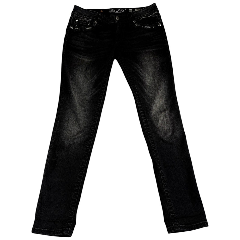 Miss Me Signature Skinny Jeans Womens 30 Black Dark Wash Embroidered Rhinestones